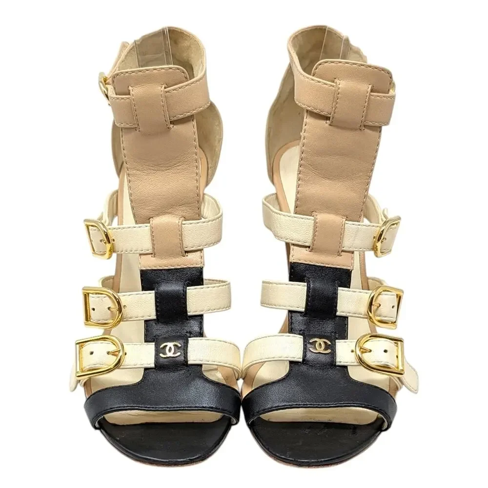 Chanel Gladiator Caged Block Heel Sandal Black Beige Cream Gold CC Logo 38.5 | 8